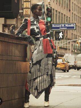 H&M Studio 2019 Asymmetrical Patchwork Midi Skirt and Blouse in Black, Gray, Red